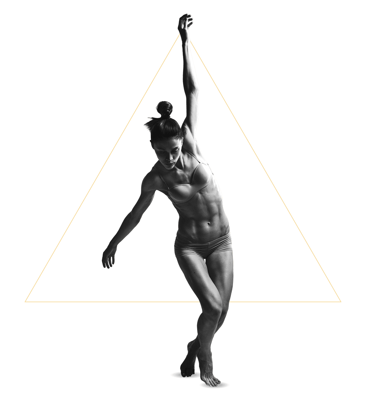 Athletic woman in elegant dance pose with geometric gold triangle, representing vitality and peak physical performance